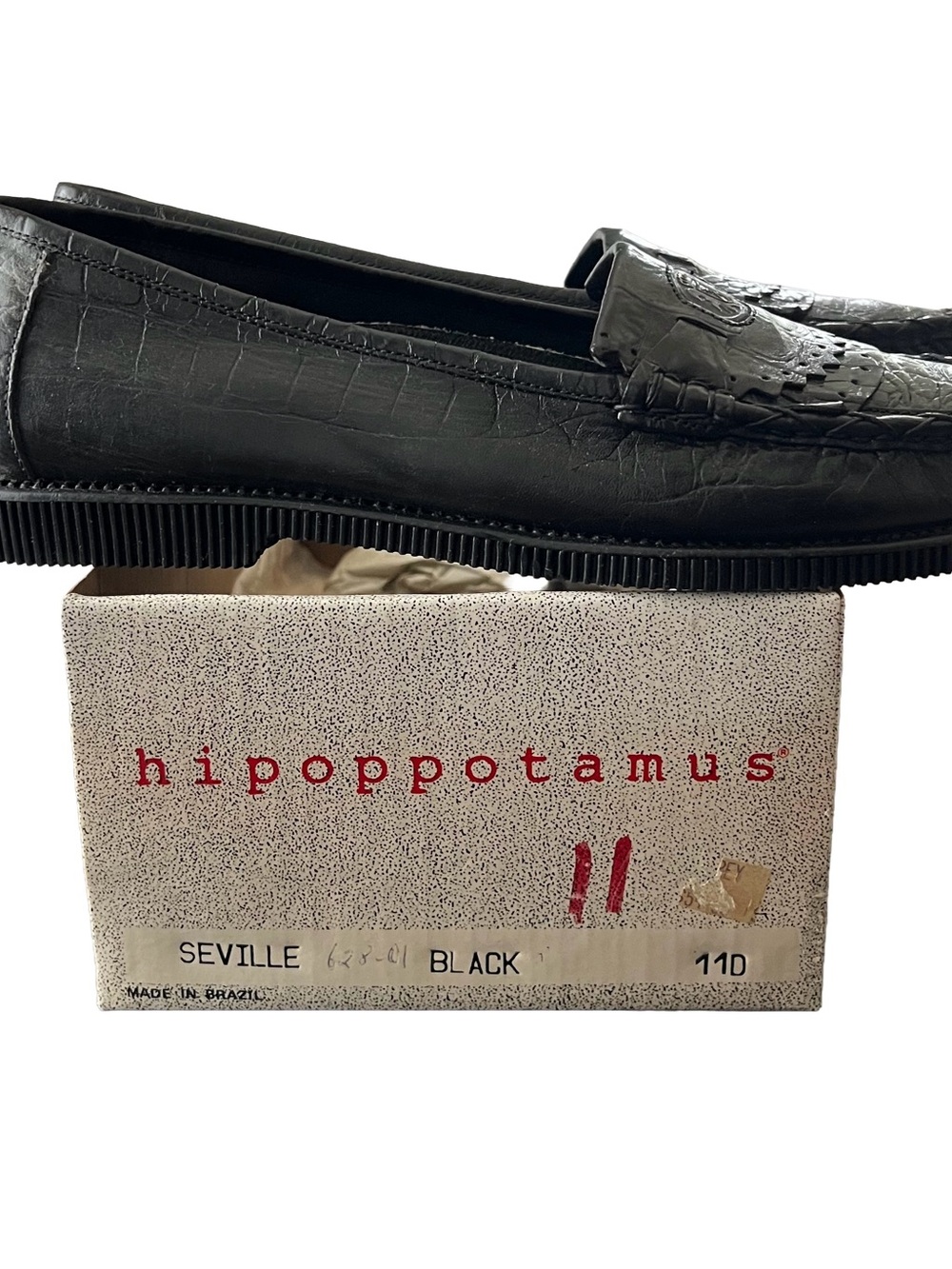 Vintage Hippopotamus Seville Men’s Black Croc Embossed Loafers 11D Brazil